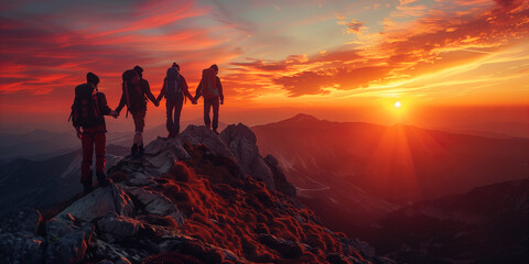 Obraz premium Group of people on top of a mountain during sunset