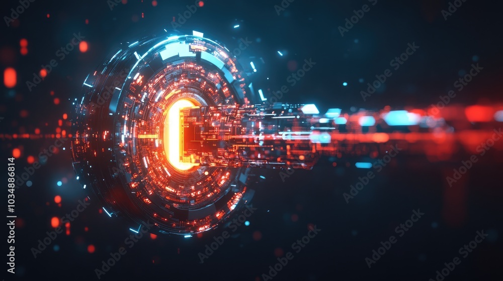 Poster futuristic digital key opening a locked virtual network, representing the protection of sensitive da
