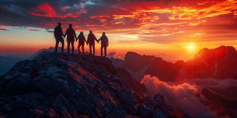 Fototapeta premium Group of people on top of a mountain during sunset