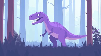 Fototapeta premium A purple dinosaur stands in a misty forest, showcasing a whimsical and colorful design.