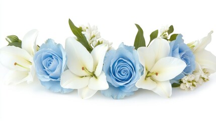 Soft blue roses and white lilies in an elegant arrangement on a clean white surface, suitable for greeting cards or bridal invitations.