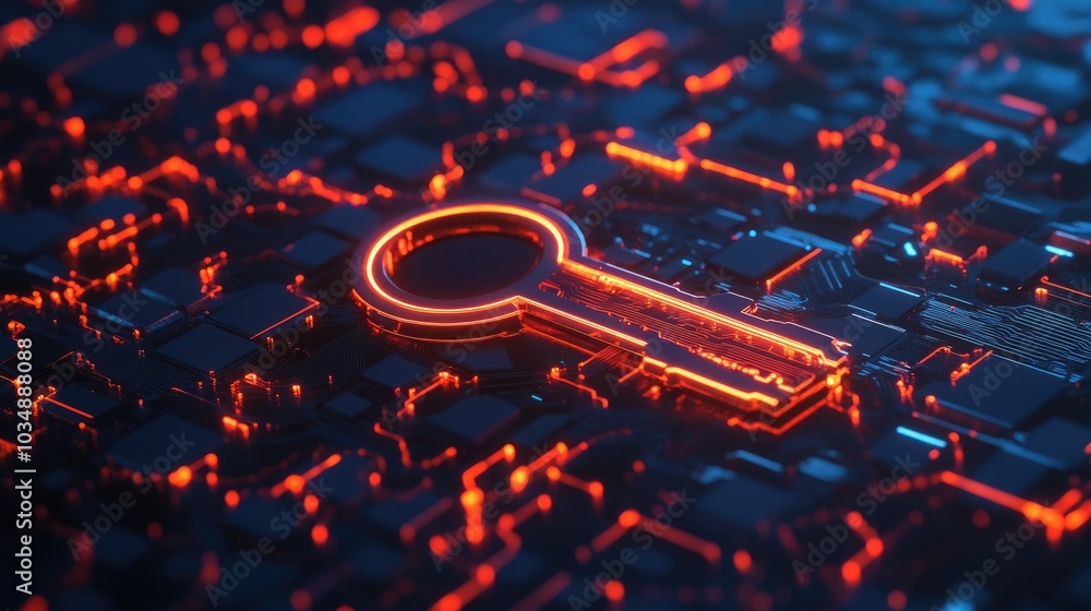 Poster 3d digital key placed over an encrypted network diagram, illustrating advanced cyber security techno