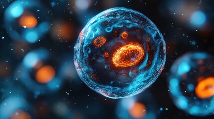 Naklejka premium Close-Up of Glowing Cells with Vibrant Colors and Detailed Structures in a Microscopic View