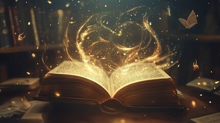 Magical book with glowing pages and flying butterflies, enchanting library setting.