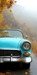classic car on road with autumn landscape . AI generative.