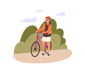 Happy girl in safety helmet cycling in park. Teen bicyclist stands with bike on road. Child cyclist drives a bicycle. Teenager rides during walk. Flat isolated vector illustration on white background