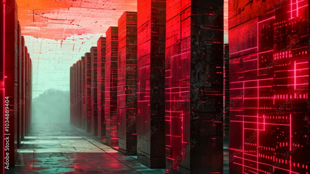 Poster a long hallway filled with rows of red and black servers, creating a technological display of proces