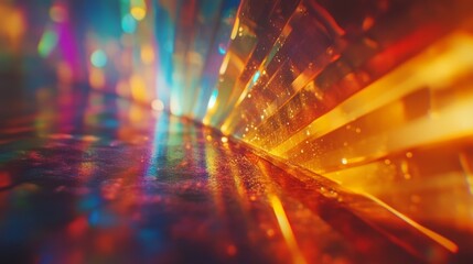 Ultra realistic high saturation light passes through the prism, showcasing vivid color spectra with extreme details. High contrast showcases the beauty of physics, optics, and color scattering.