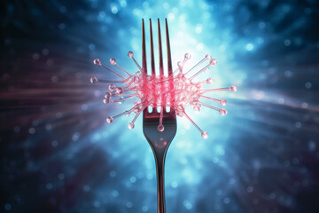 The close-up of various colorful bacteria and germs on a fork, representing health risks