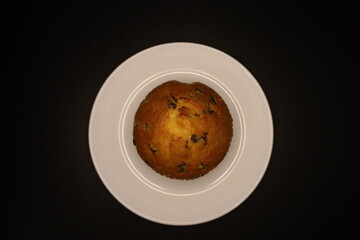delicious muffin with chocolate chips on a white plate, black background