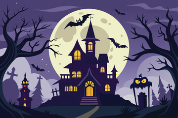 A hunted halloween house with bats and a full moon - Generative AI