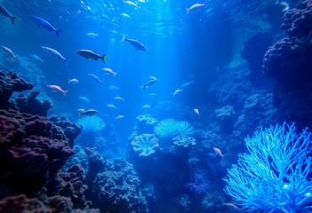 Fototapeta premium Underwater Holographic Scene Marine life and coral reefs illumin