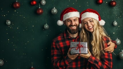 A couple wearing Santa hats stand in front of a green wall with red and silver ornaments. They...