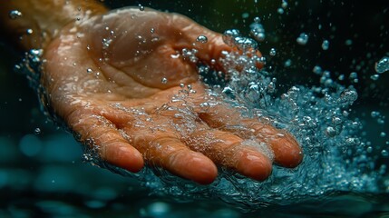 Fototapeta premium A desperate hand reached out to the surface of the water, surrounded by bubbles, symbolizing the struggle for survival in deep water. The whole scene is filled with tension and the power of survival