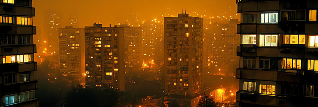 Eastern European apartment blocks. AI generative.