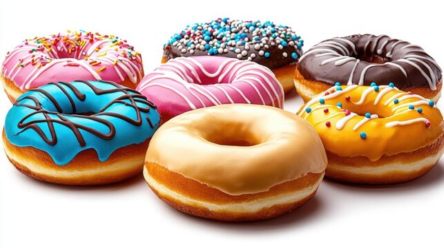A photostock images of a variety of colorful donuts, isolated on white background, High Quality