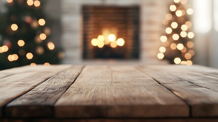 A warm, festive scene showcasing a wooden table in the foreground, with a glowing fireplace and decorated Christmas trees blurred in the background.