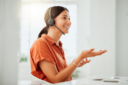 Explain, computer or woman in call center for financial consulting, loan questions or online advice. Talking, customer service or female consultant typing on pc for telemarketing or communication - Powered by Adobe