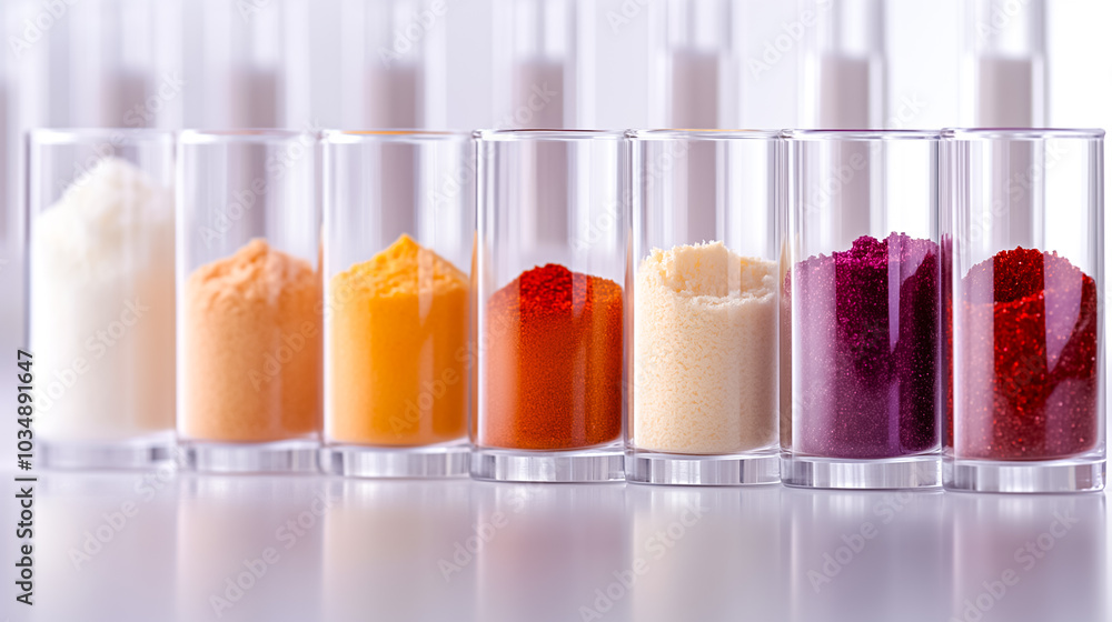 Poster a collection of vibrant powdered spices and ingredients is arranged in clear glass containers, showc