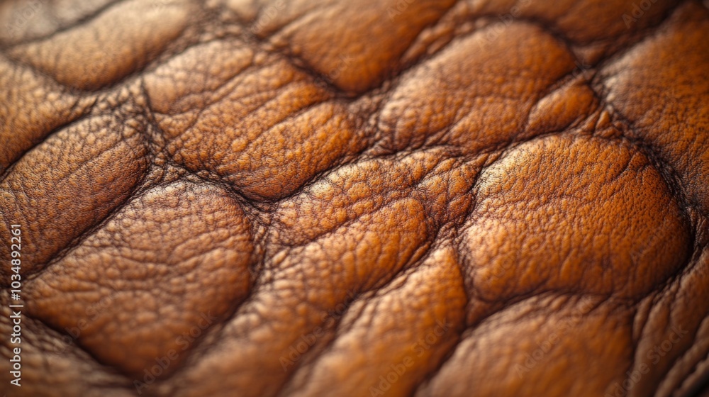 Poster the image captures a close-up view of rich brown leather, highlighting its textured surface, natural