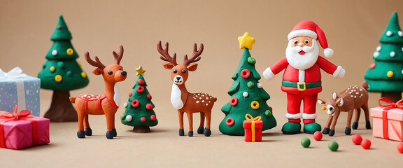 Santa Claus with tree and gift boxes Craft plasticine on Merry Christmas