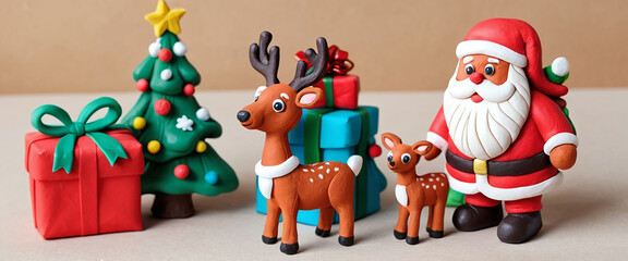 Fototapeta premium Santa Claus with tree and gift boxes Craft plasticine on Merry Christmas