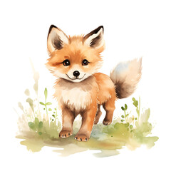 Obraz premium Red fox, watercolor cartoon character. Adorable animal standing and lookind straight. Baby room decoration, wallpaper element. Clipart isolated.