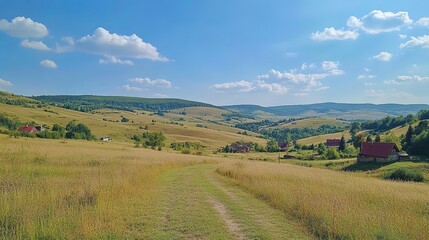 Fototapeta premium Scenic Meadow Landscape with Rolling Hills and Blue Sky