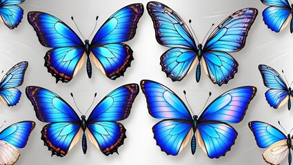 Obraz premium Four vibrant blue butterflies with detailed wing patterns arranged against a transparent background, showing natural beauty