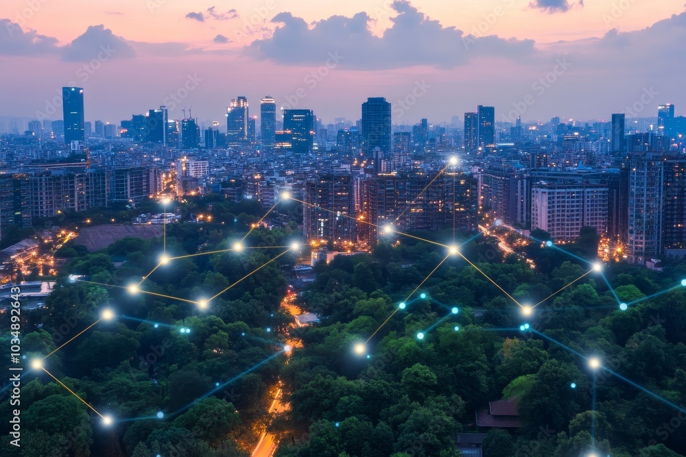 Poster aerial view of a cityscape at sunset with a network of glowing lines connecting buildings and trees.