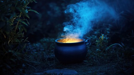 Black cauldron emitting smoke and glowing light perfect for a Halloween magic potion scene