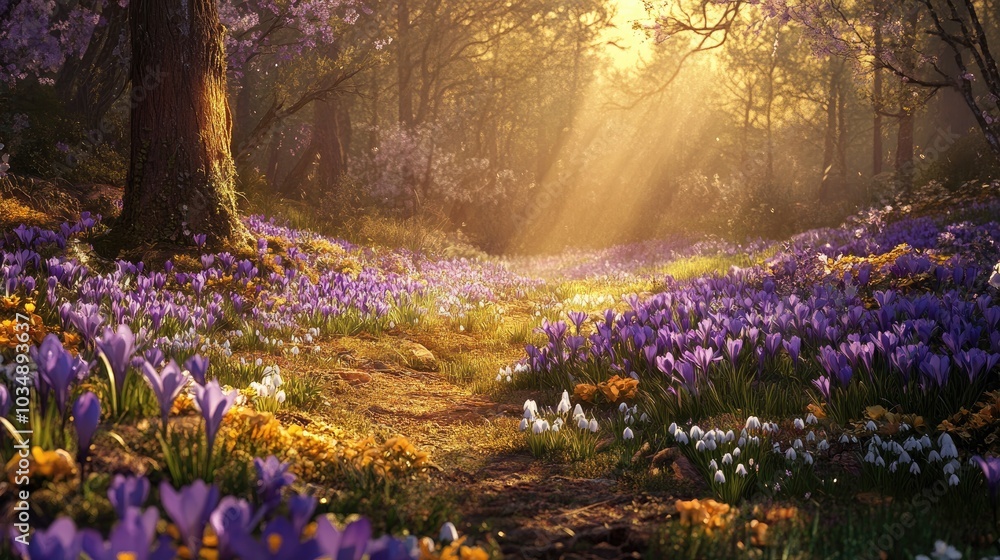 Poster spring awakening in a lush meadow adorned with vibrant crocus and delicate snowdrops basking in the 
