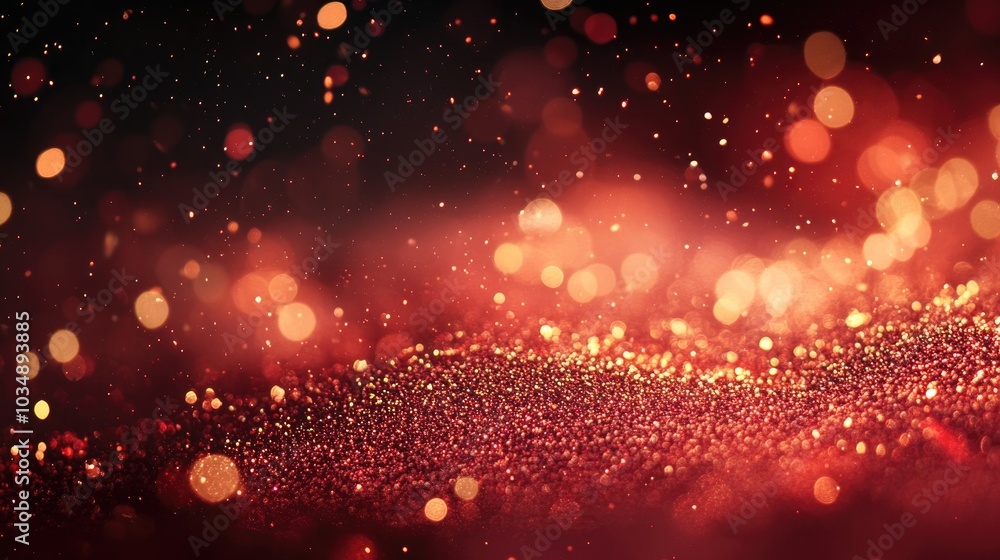 Poster elegant and detailed bright red and gold glitter particles flow underwater creating a magical shimme