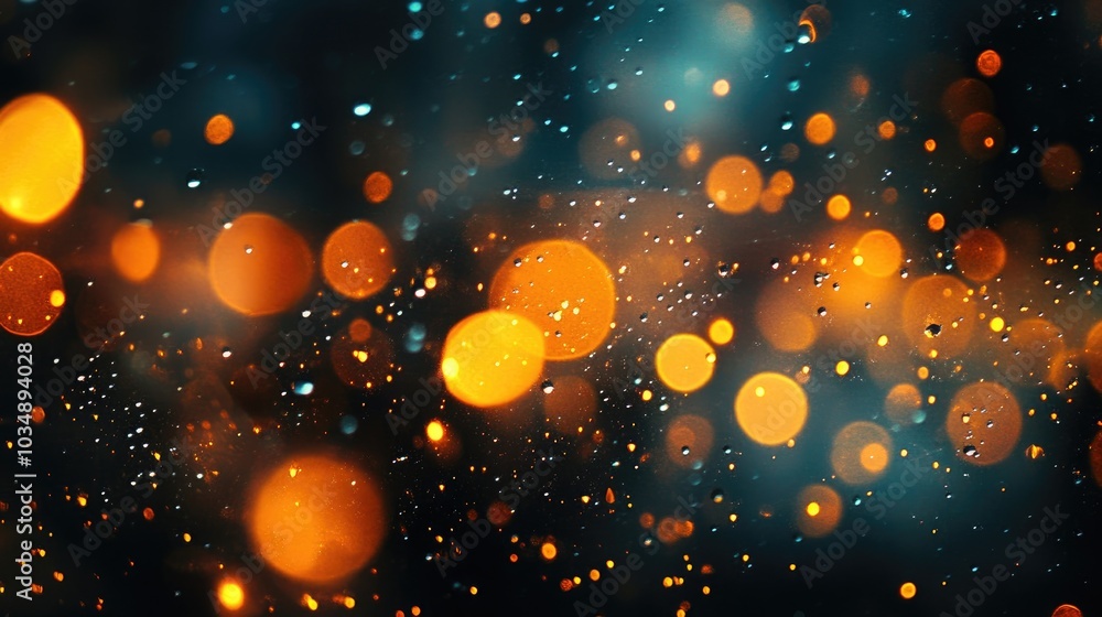 Poster mesmerizing bokeh with water droplets and shimmering lights against a dark background