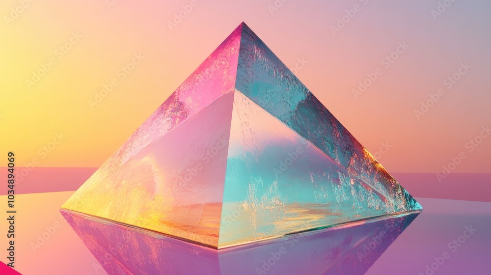 Poster a pyramid constructed from vibrant glass showcasing a three dimensional appearance with reflections 