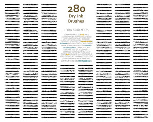 Set of 280 bold dry ink art brushes with unique texture for marker, scrapbook, story book, animation/illustration. Compatible with Adobe Illustrator CS6 and above.