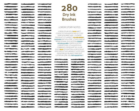 Set of 280 bold dry ink art brushes with unique texture for marker, scrapbook, story book, animation/illustration. Compatible with Adobe Illustrator CS6 and above.