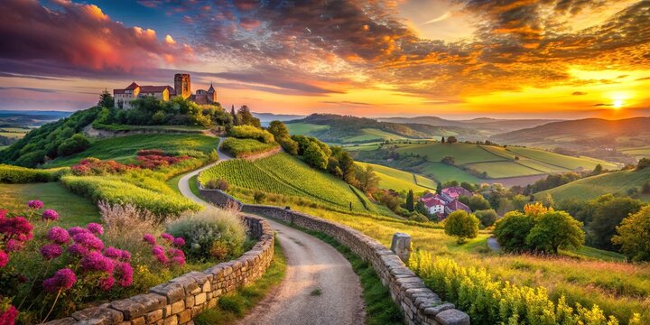 A winding stone path through rolling hills, leading to a secluded castle perched atop a verdant peak, bathed in the warm glow of a golden sunset