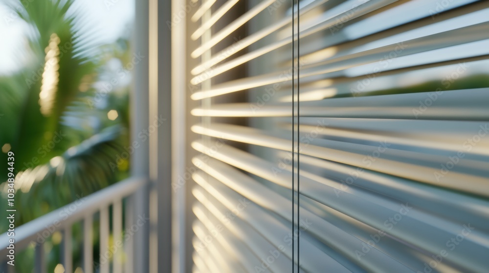 Poster sunlight streaming through window blinds creates a serene pattern of light and shadow, ai