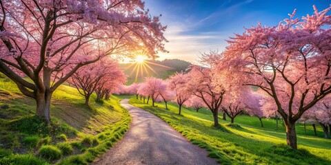 A sun-drenched path meanders through a lush landscape, framed by delicate pink blossoms adorning the trees, creating a picturesque spring scene.