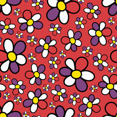 Seamless Pattern with Doodle Hand Drawn Daisy Flower on Red Background. Groovy Hippie 70s Digital Paper. Funny Cartoon Flower. Trendy Retro Psychedelic Cartoon Style. Stay groovy. Good vibes.