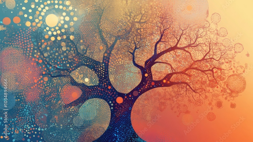 Poster abstract metallic decision tree design featuring retro digital motifs set against a gradient backdro