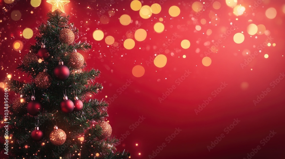 Poster holiday themed background featuring a decorated christmas tree and glimmering bokeh lights on a vibr