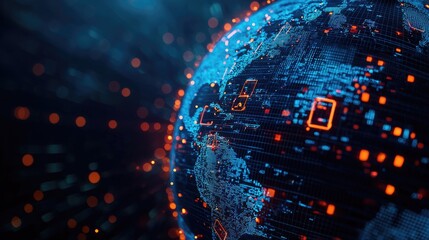 An abstract globe covered in glowing privacy shields, representing global data protection laws and regulations safeguarding personal information