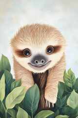 Fototapeta premium Cute Sloth Hanging on a Tree Branch in a Rainforest