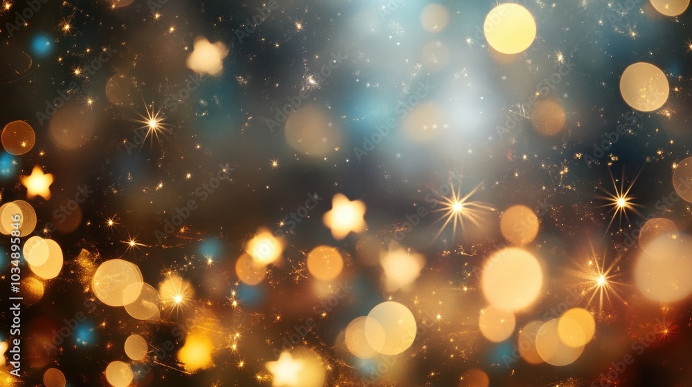 Poster abstract blurred background featuring christmas lights star strings and glittering gold bokeh effect
