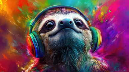Sloth adorned with bright headphones beckoning into a realm of enchanting whimsy and melodic allure
