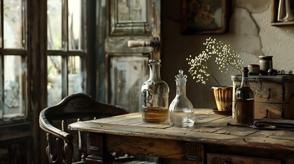 A farmhouse table contains two oil bottles in an artistically set up highly decorated an apartment