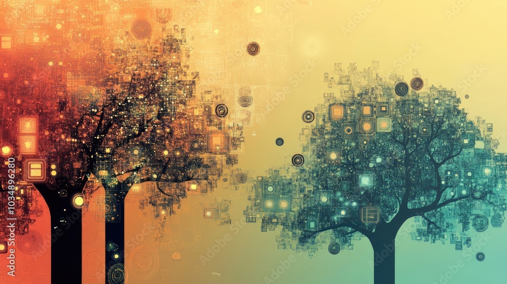 Poster abstract metallic decision tree design featuring retro digital motifs set against a gradient backdro