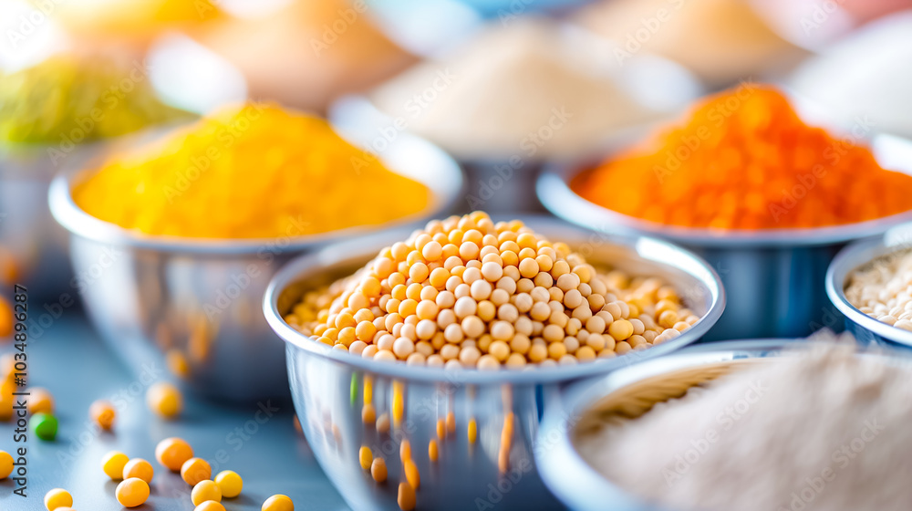 Aufkleber a vibrant assortment of lentils and spices is neatly arranged in metallic bowls, showcasing an array